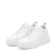 Weiße Rieker Damen Sneaker Low W2301-80 mit einer Gummischnürung. Schuhpaar seitlich schräg.