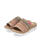 Mehrfarbige vegane Rieker Damen Pantoletten V2369-90 mit schmaler Passform E 1/2. Schuhpaar seitlich schräg.