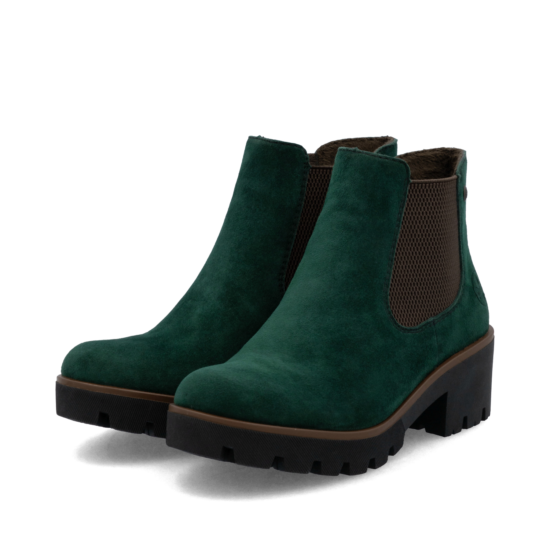 Dunkelgrüne Rieker Damen Chelsea Boots 79265-55 aus Rauleder mit einem Gummizug. Schuhpaar seitlich schräg.