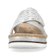 Silberne Rieker Damen Pantoletten V7979-80 mit einem Klettverschluss. Schuh von vorne.