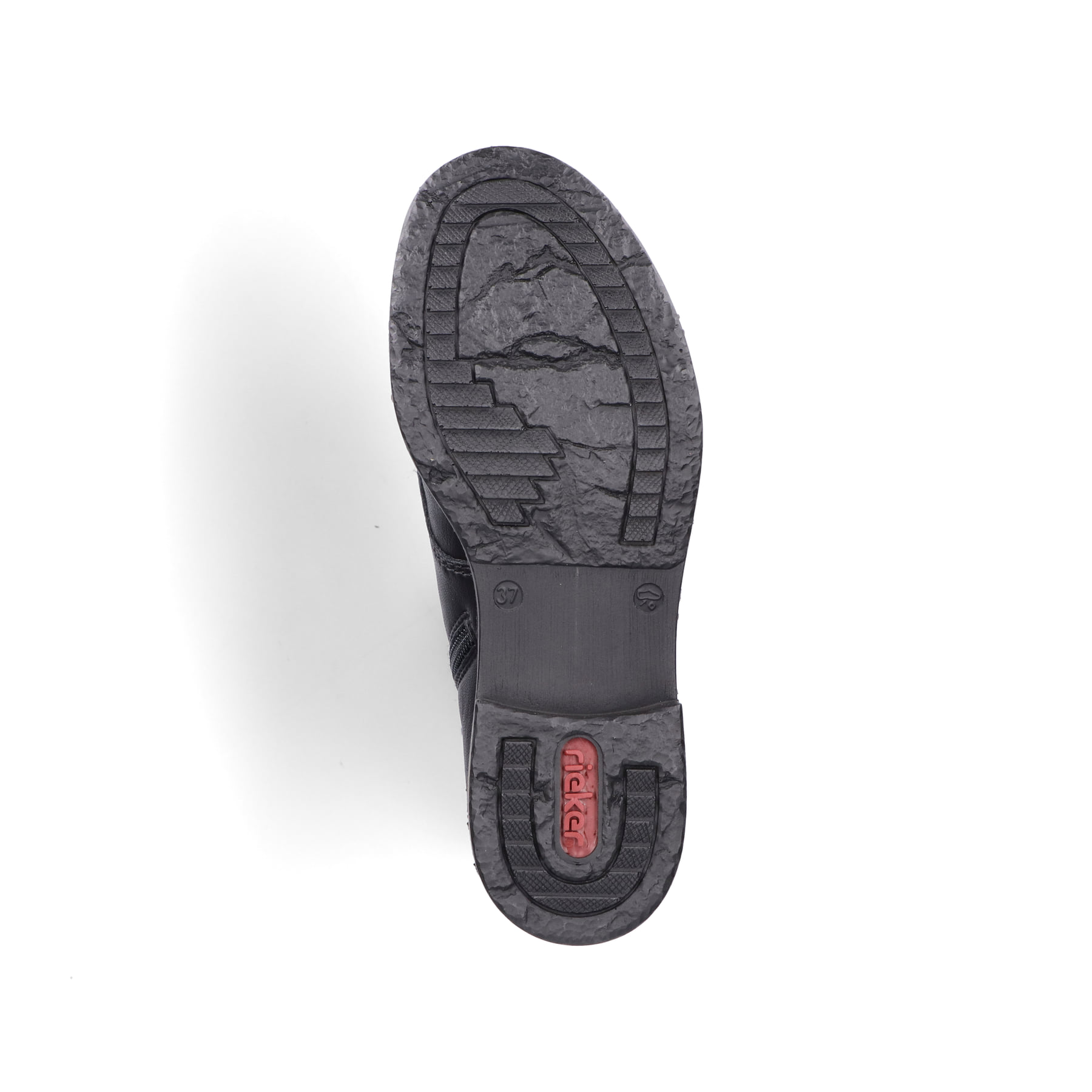 Bottes à lacets Rieker noires pour femme 71218-00 avec fermeture éclair. Semelle extérieure de la chaussure.