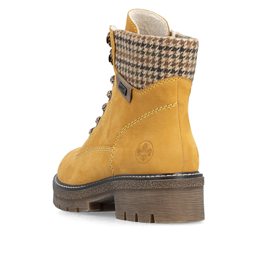 Ockerfarbene Rieker Damen Schnürstiefel Y8130-68 aus Rauleder. Schuh von hinten.