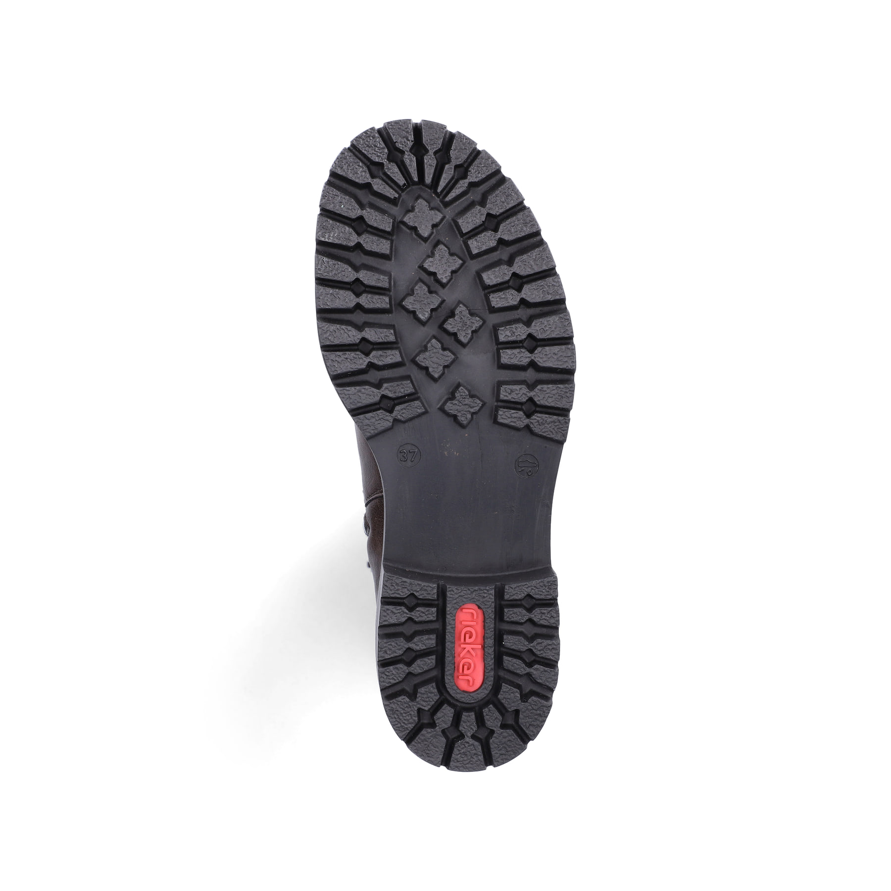 Dunkelbraune Rieker Damen Kurzstiefel 72684-25 mit gerafftem Schaft. Schuh Laufsohle.