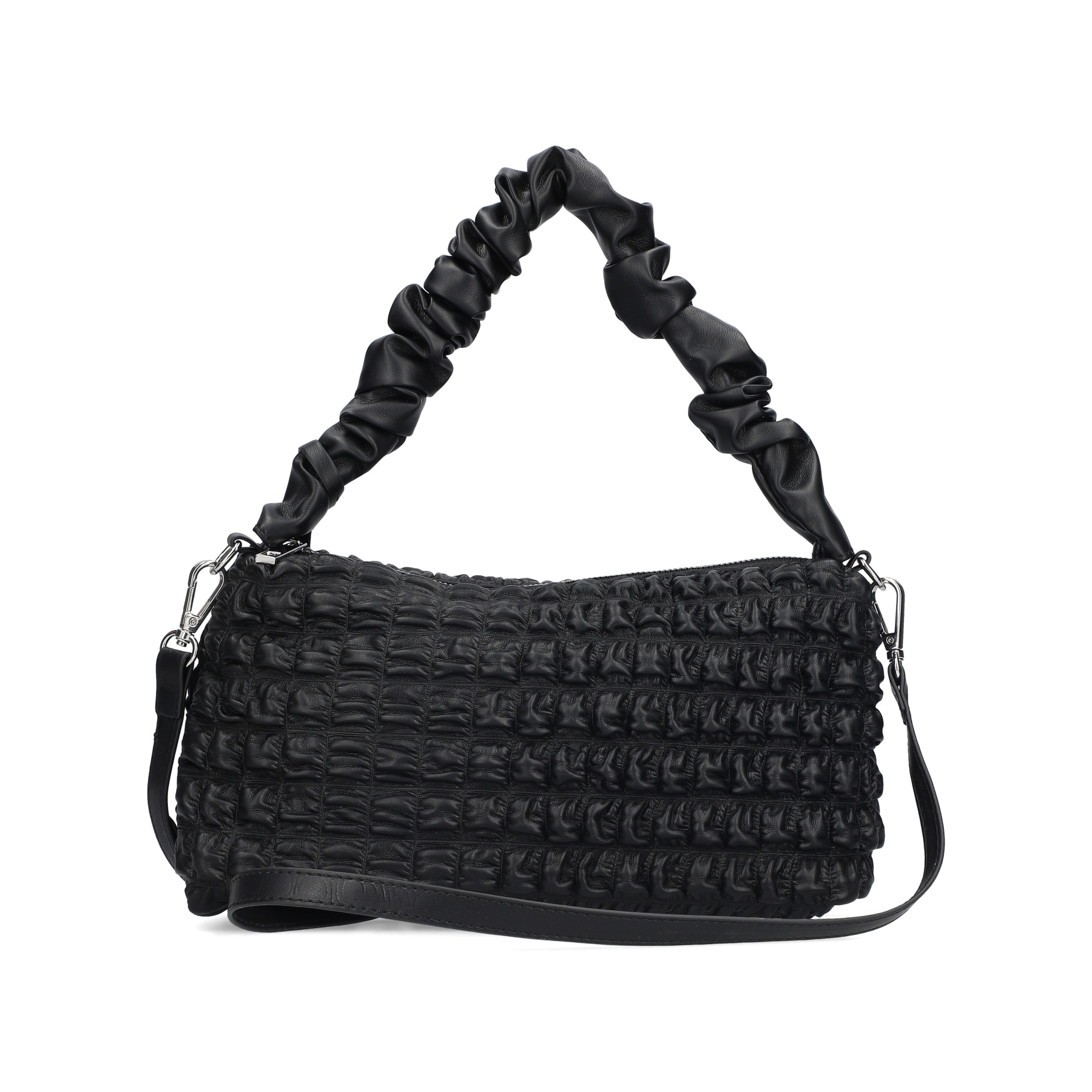 Rieker Handtasche H1653-00 in Schwarz mit gesteppter Optik, Reißverschluss und abnehmbarer langen Riemen. Rückseite.