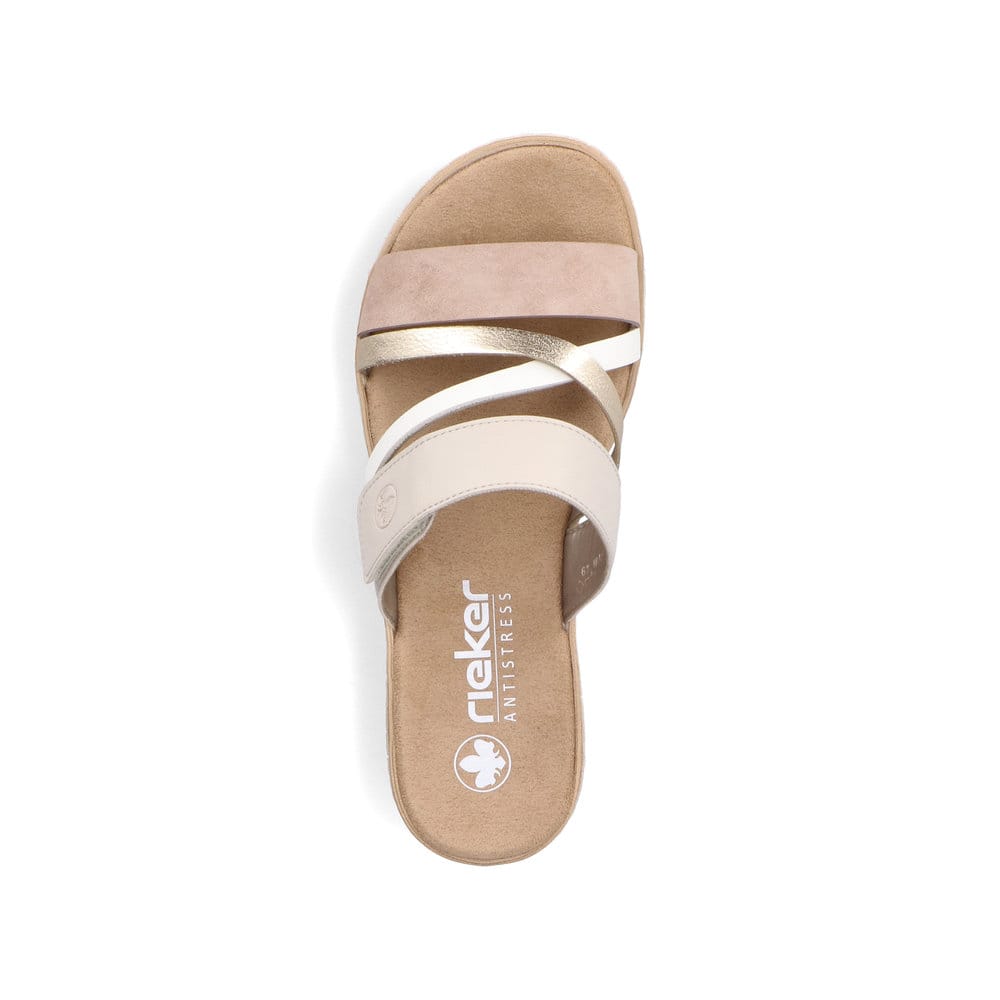 Beige Rieker Damen Pantoletten V3652-94 mit Klettverschluss sowie leichter Sohle. Schuh von oben.