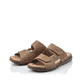 Braune Rieker Herren Pantoletten 25592-25 mit einem Klettverschluss. Schuhpaar seitlich schräg.