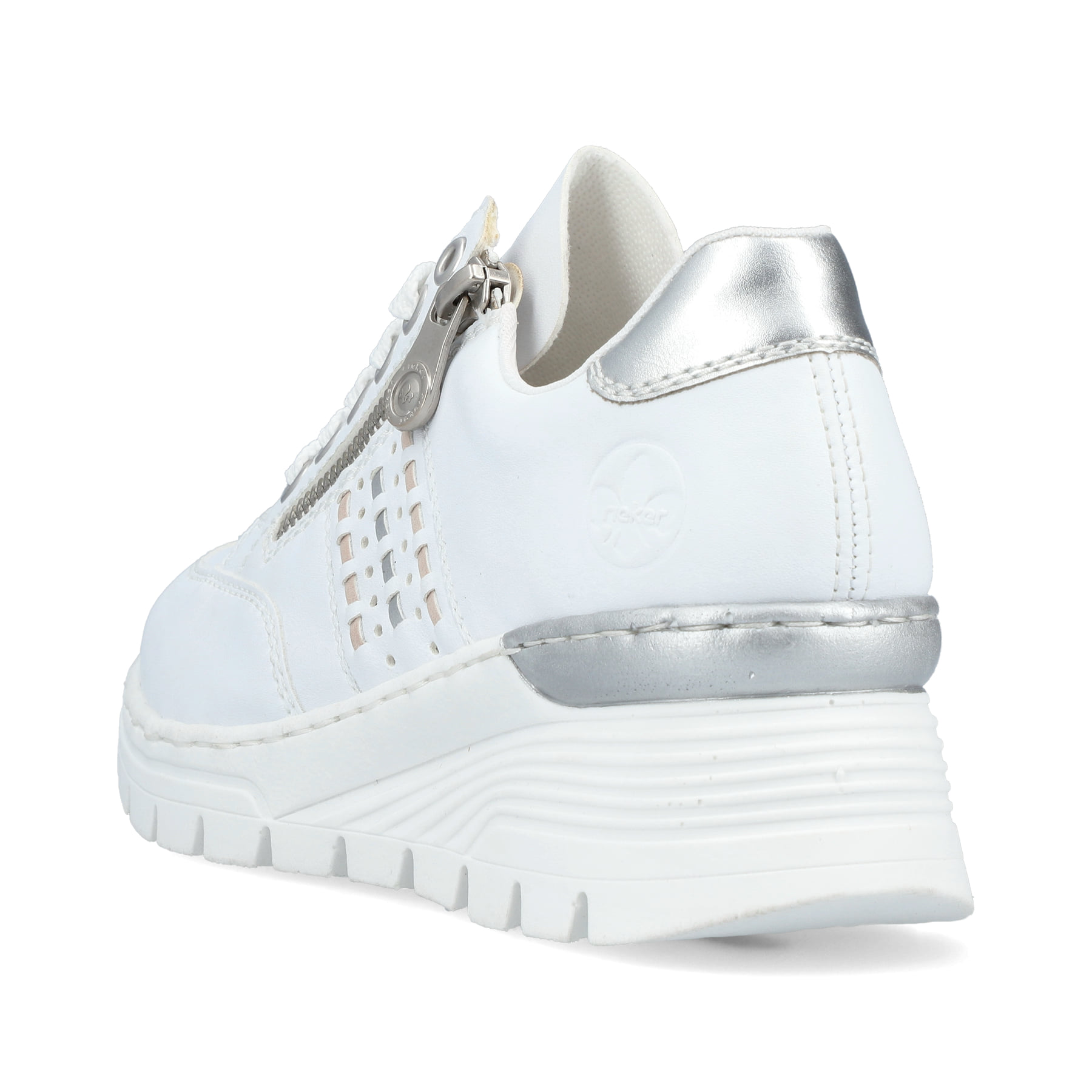 Weiße Rieker Damen Sneaker Low N8321-80 mit Reißverschluss sowie Komfortweite G. Schuh von hinten.