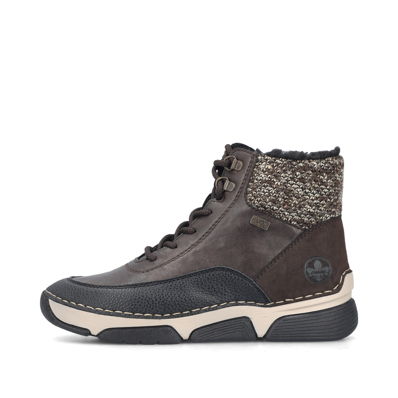 Dunkelbraun-beige Rieker Damen Schnürstiefel 45956-25 mit Strick-Kragen. Schuh Außenseite.