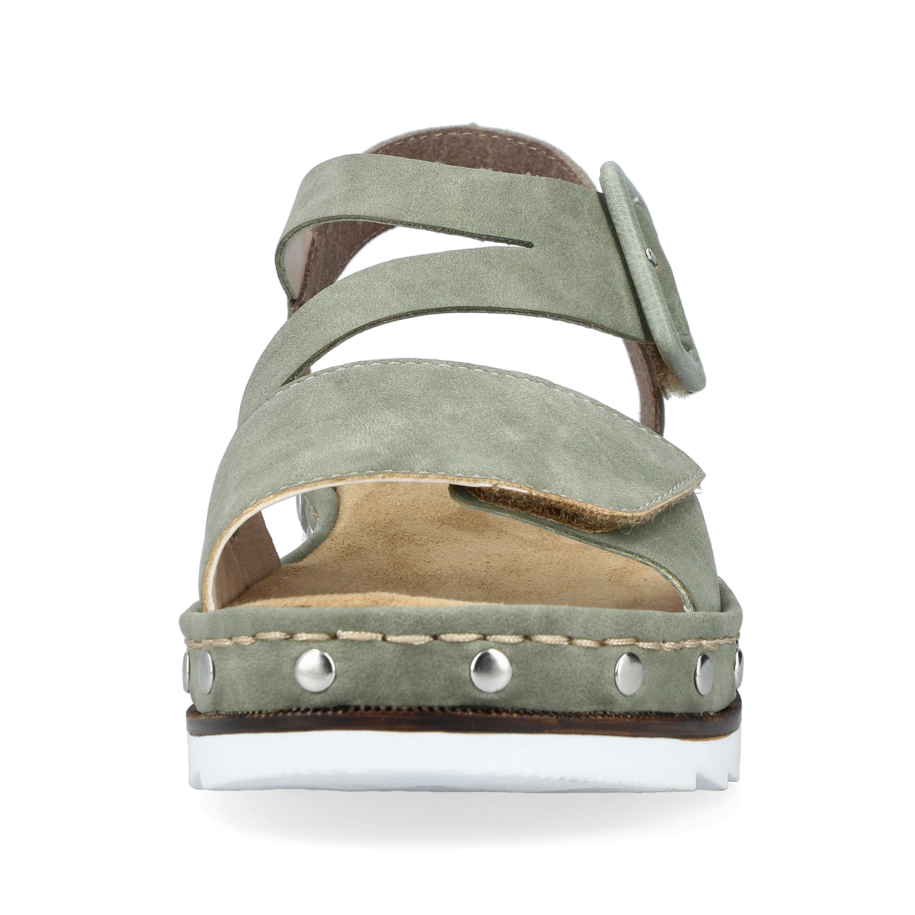 Grüne Rieker Keilsandaletten V7964-52 mit einem Klettverschluss. Schuh von vorne.