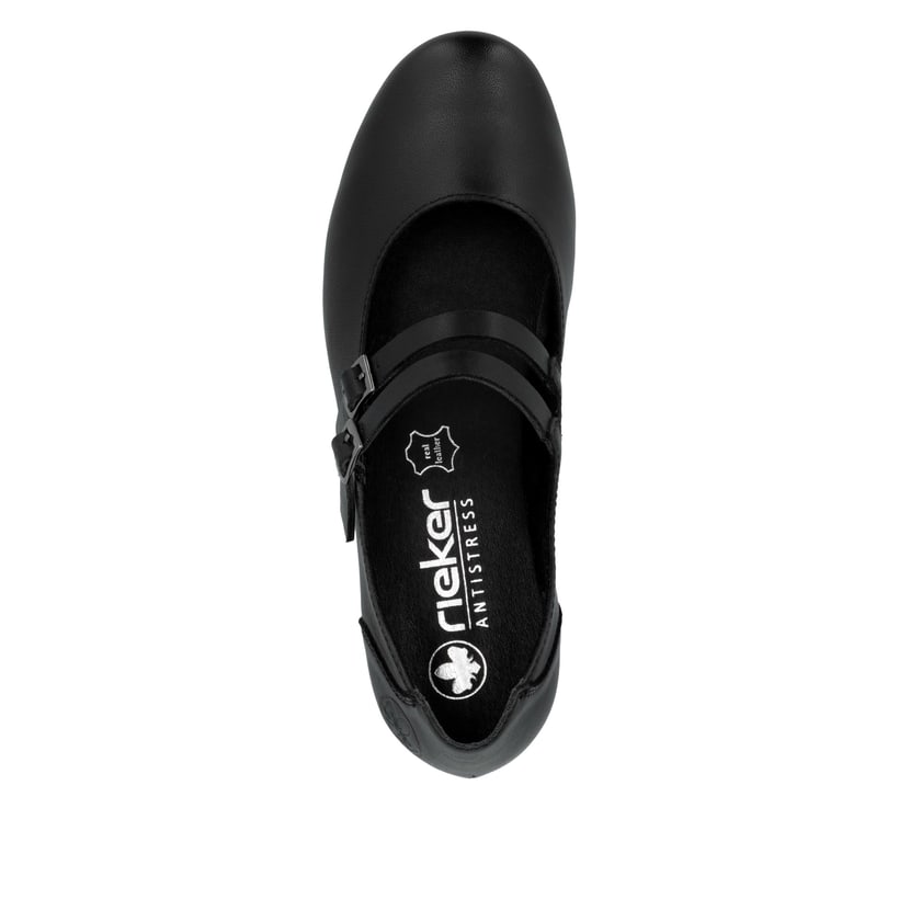 Schwarze Rieker Pumps 41651-00 mit einer Schnalle sowie extra weicher Decksohle. Schuh von oben.