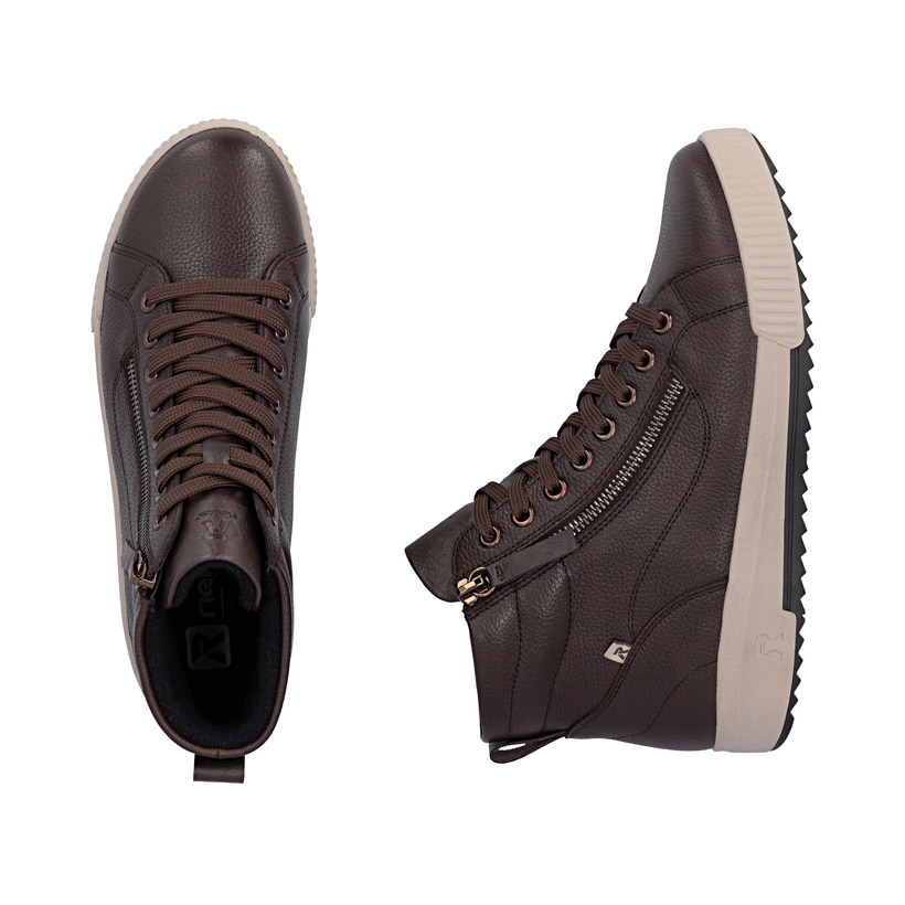 Baskets montantes Rieker marron pour femmes W0164-25 en cuir lisse. Chaussure vue de dessus, couchée.