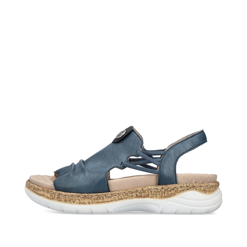 Blaue Rieker Damen Riemchensandalen V2272-14 mit einem Gummizug. Schuh Außenseite.
