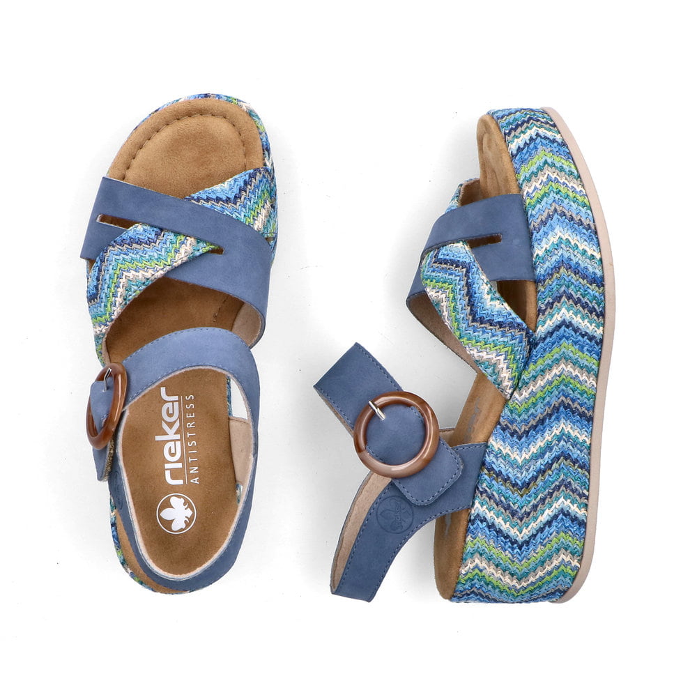 Sandales compensées Rieker bleues femme 69469-14 avec boucle tendance. Chaussure vue de dessus, couchée.