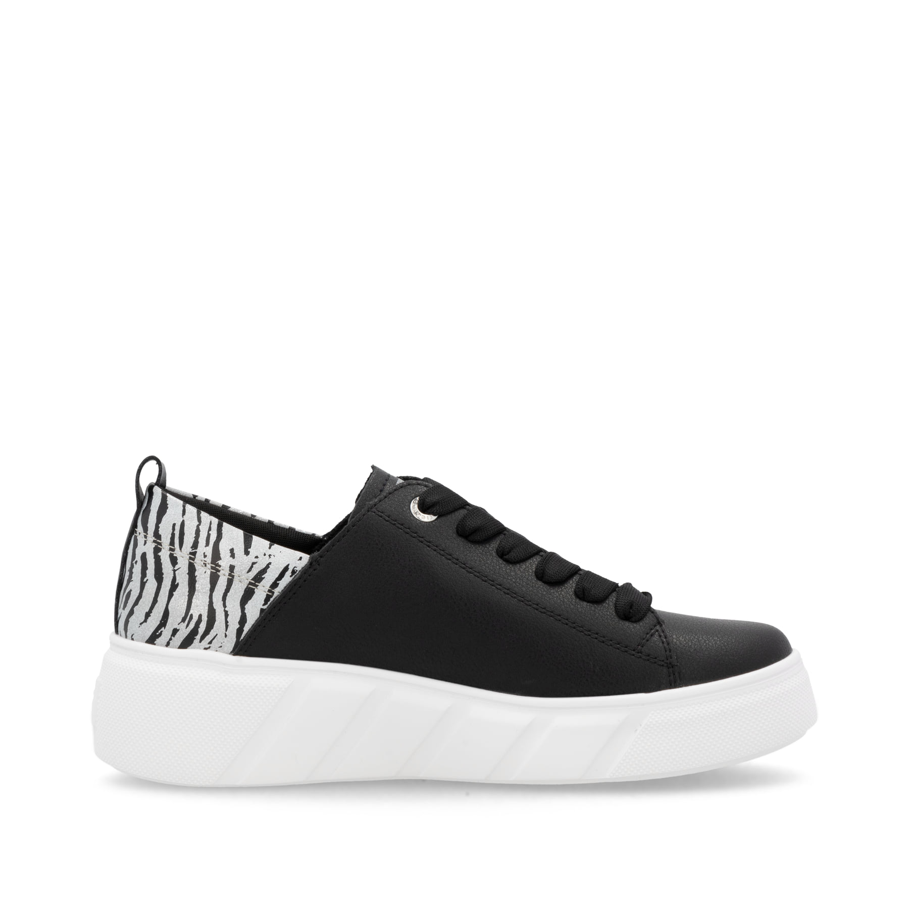 Schwarze Rieker Damen Sneaker Low W2602-02 mit einer Schnürung. Schuh Innenseite.