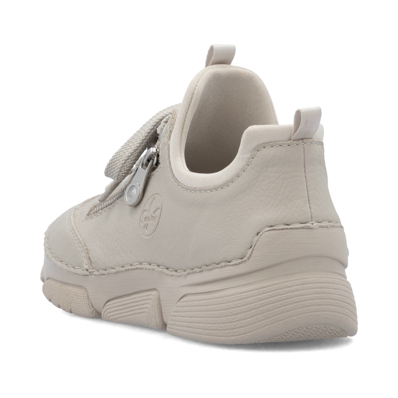 Beige Rieker Damen Slipper 45973-60 mit Gummizug sowie extra weicher Decksohle. Schuh von hinten.