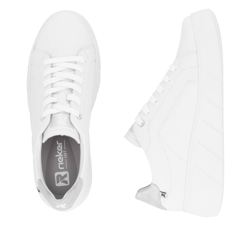 Weiße Rieker Damen Sneaker Low W2601-80 mit einer Schnürung. Schuh von oben, liegend.