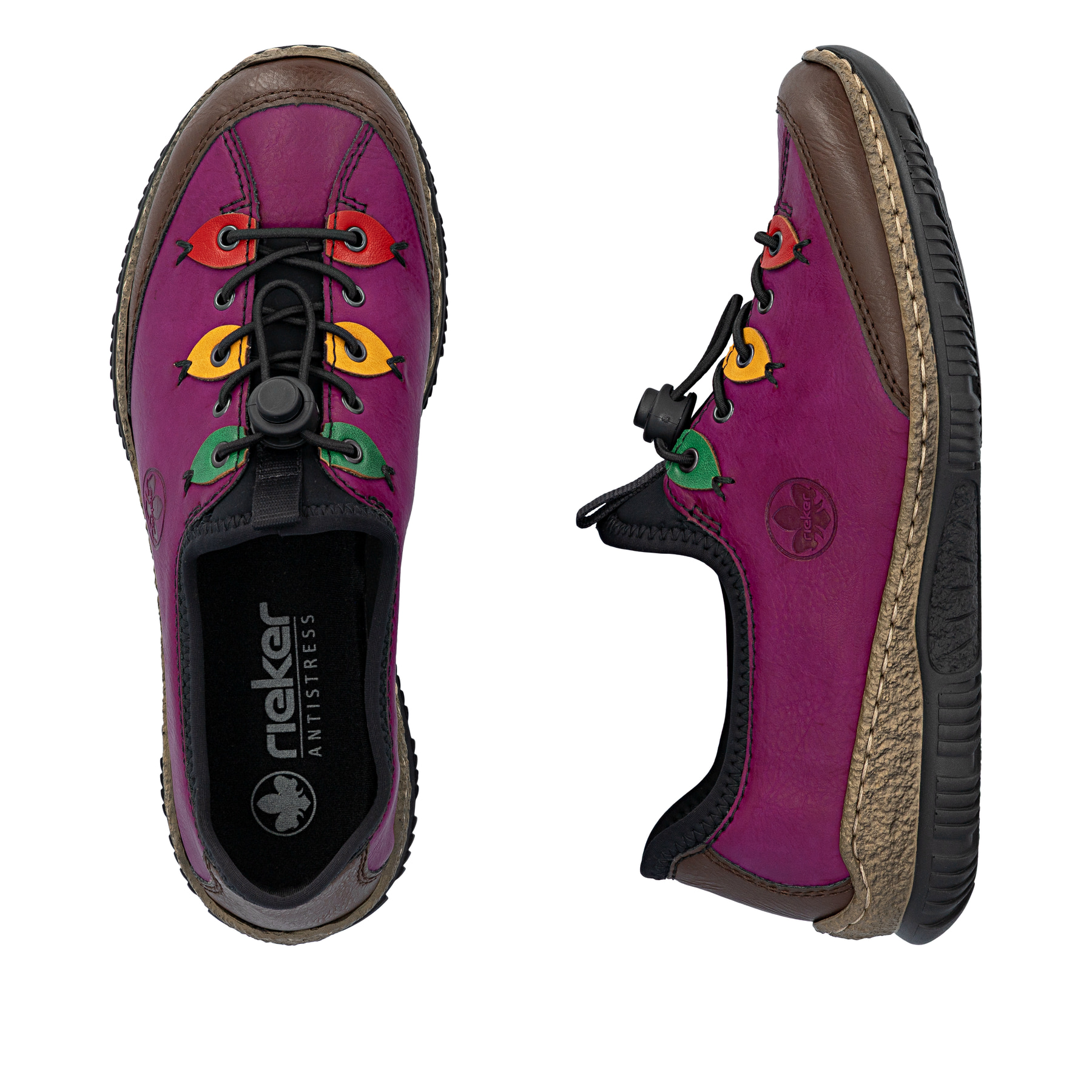 Lilane Rieker Damen Slipper N3271-30 mit Ösen-Verzierung sowie einem Gummizug. Schuh von oben, liegend.