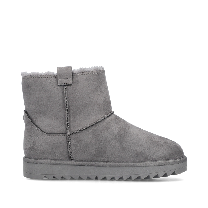 Graue Rieker Damen Kurzstiefel 99870-45 mit Fellschaftrand sowie Komfortweite G. Schuh Innenseite.