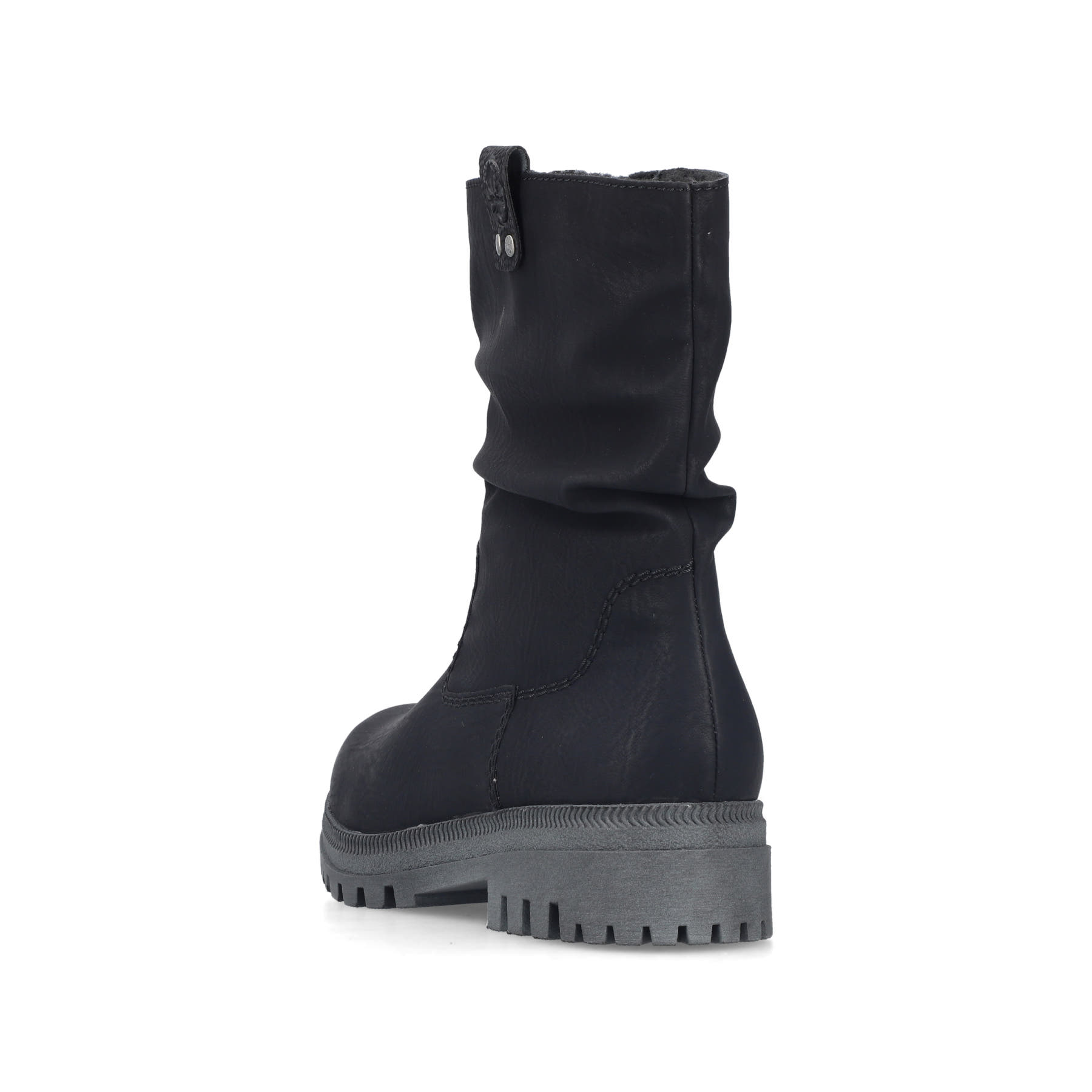 Schwarze Rieker Damen Kurzstiefel Y7681-00 mit gerafftem Schaft. Schuh von hinten.