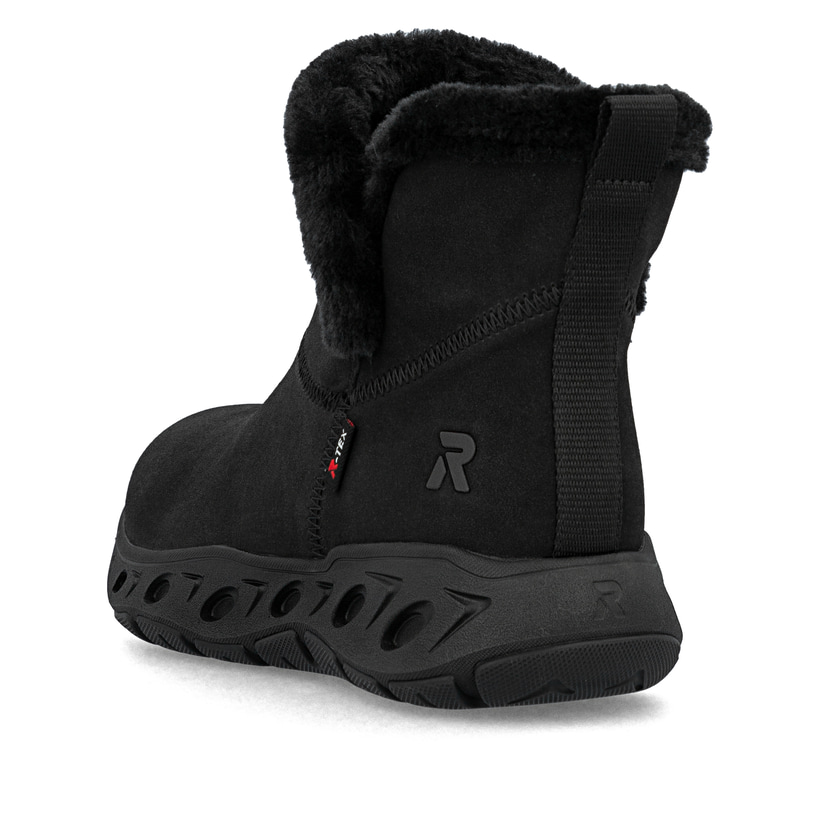 Schwarze Rieker Damen Kurzstiefel M6554-00 mit wasserabweisender TEX-Membran. Schuh von hinten.