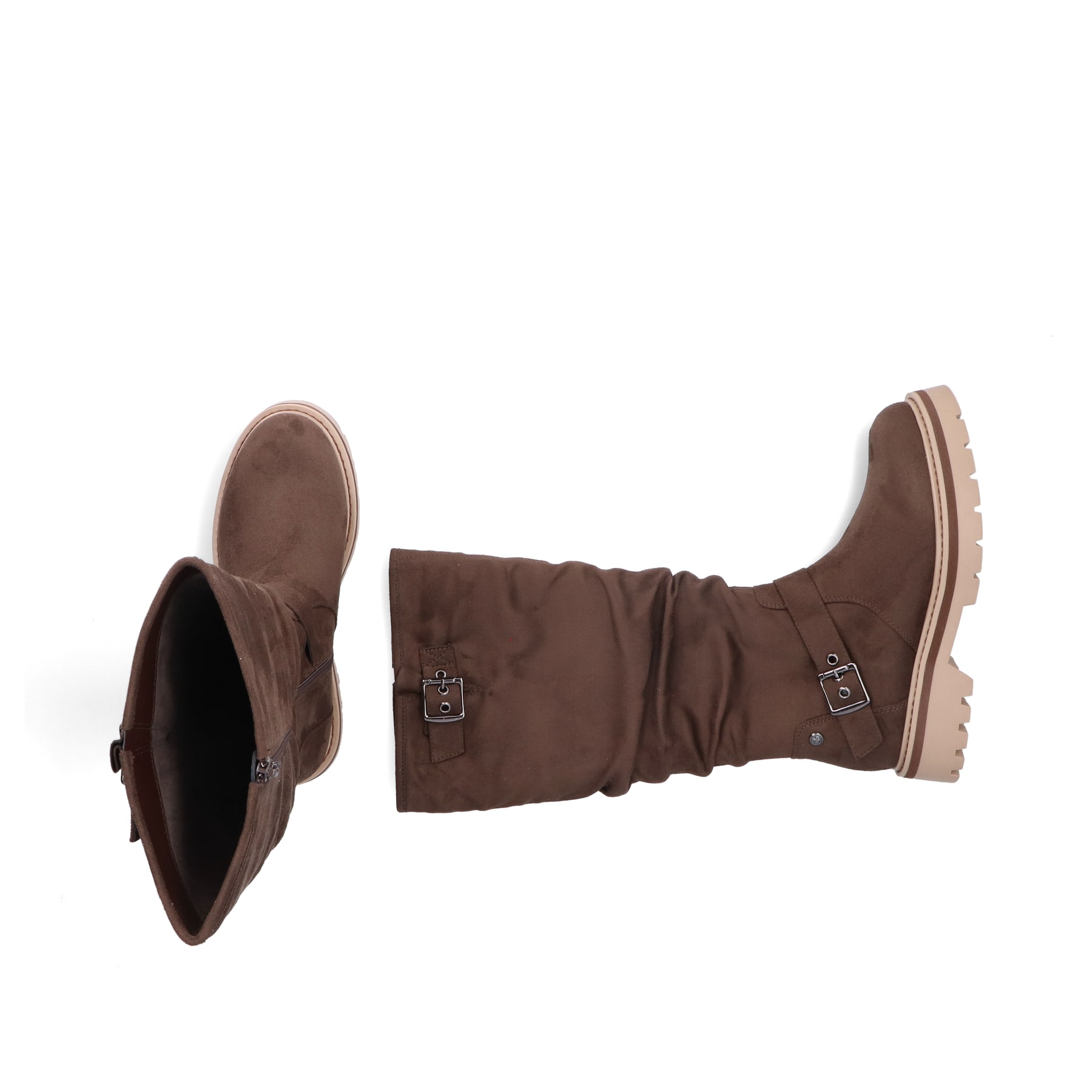 Braune Rieker Damen Hochschaftstiefel 91592-25 mit einem Reißverschluss. Schuh von oben, liegend.