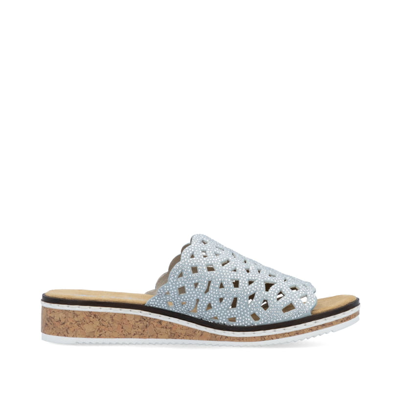 Blaue Rieker Damen Pantoletten V3693-10 mit Strasssteinen sowie leichter Sohle. Schuh Innenseite.