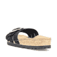 Schwarze Rieker Damen Pantoletten 69880-00 mit Schnalle sowie leichter Sohle. Schuh von hinten.