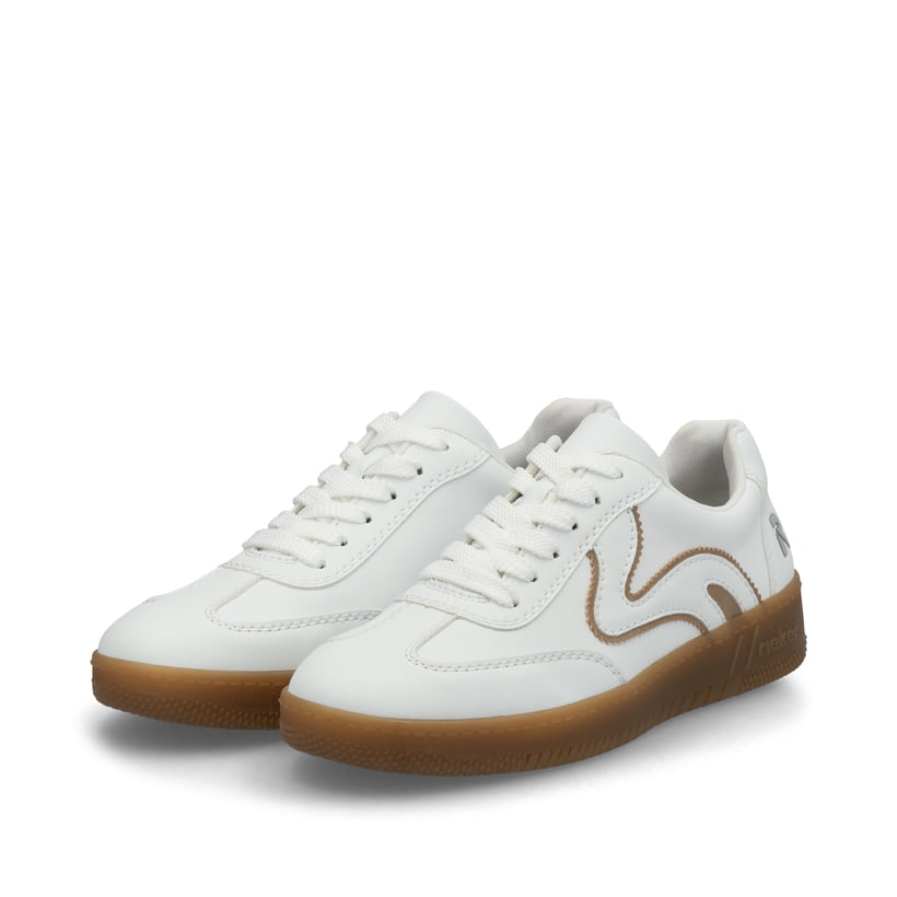 Weiße Rieker Damen Sneaker Low M5512-81 mit einer Schnürung. Schuhpaar seitlich schräg.