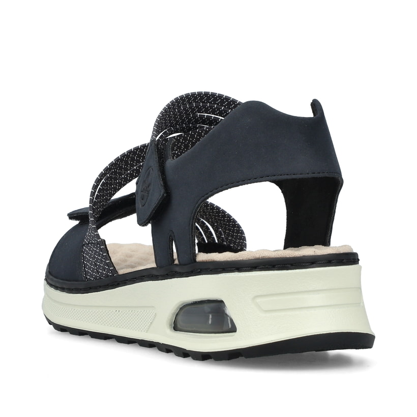 Blaue Rieker Keilsandaletten 65671-14 mit Rieker Air Sohlenfenster. Schuh von hinten.