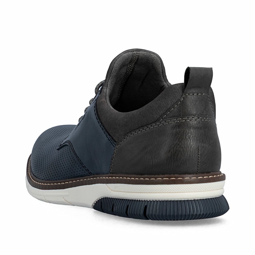 Blaue Rieker Herren Slipper 14450-16 aus Glattleder mit einem Gummizug. Schuh von hinten.