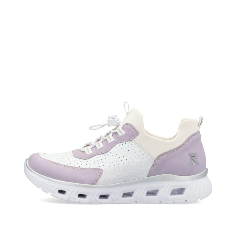 Weiße vegane Rieker Damen Sneaker Low M6067-30 mit einem Gummizug. Schuh Außenseite.