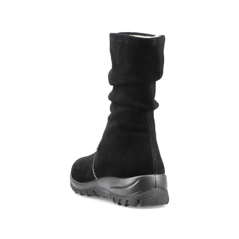 Tiefschwarze Rieker Damen Kurzstiefel Z68M1-01 mit einer schockabsorbierenden Sohle. Schuh seitlich schräg