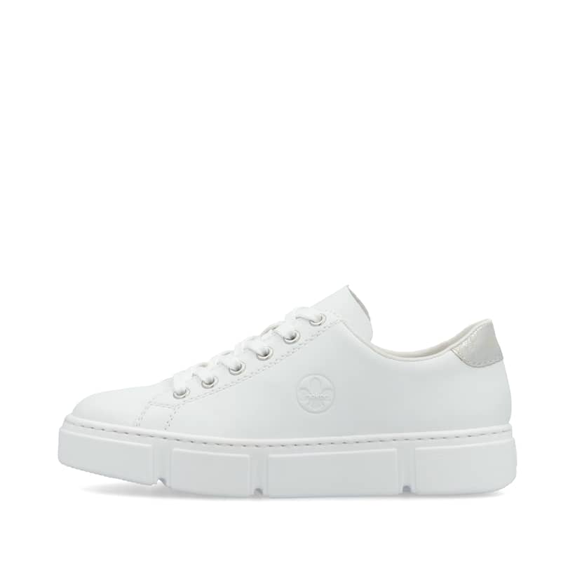 Weiße Rieker Damen Sneaker Low N59W1-80 mit einer Schnürung. Schuh Außenseite.