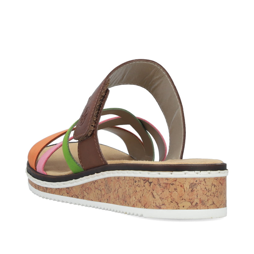 Mehrfarbige Rieker Damen Pantoletten V3652-96 mit einem Klettverschluss. Schuh von hinten.