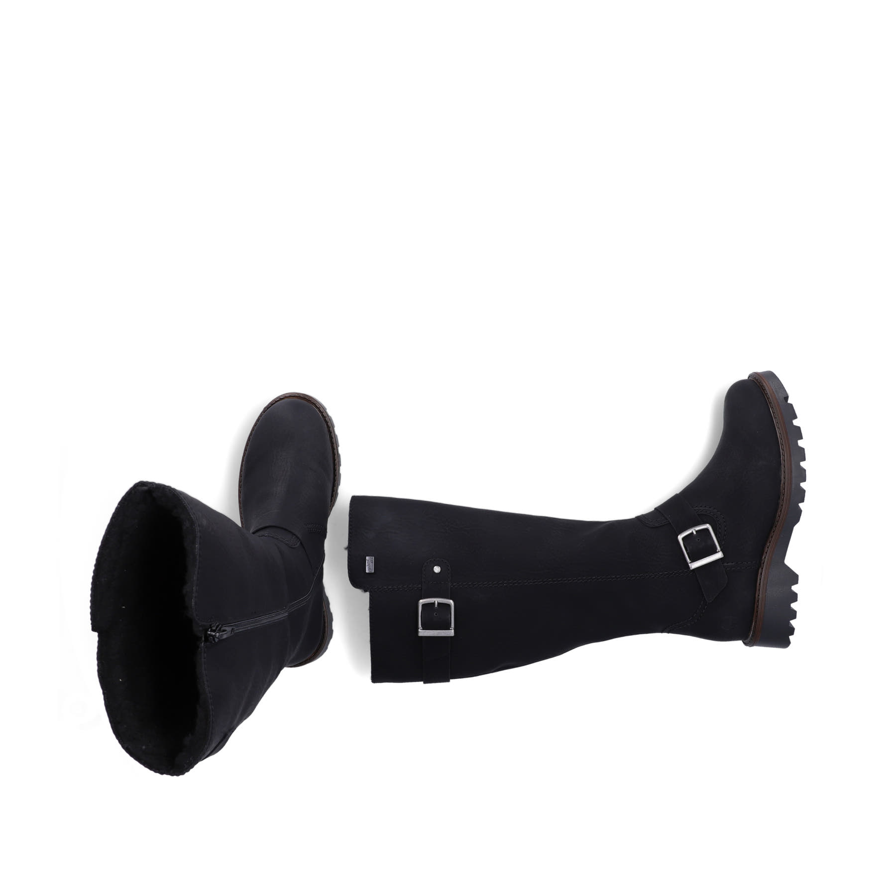 Schwarze Rieker Damen Hochschaftstiefel 73292-00 mit einem Reißverschluss. Schuh von oben, liegend.