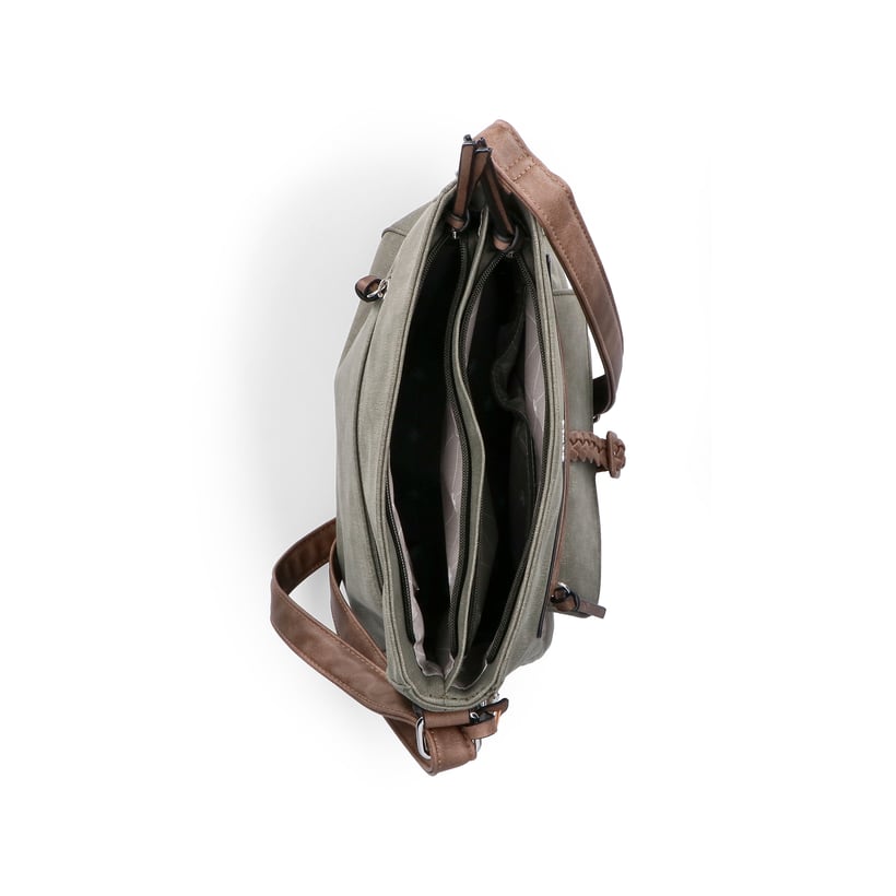 Sac à main Rieker H1340-54 en vert avec sangle décorative tressée, fermeture éclair et poche pour téléphone portable. Ouvert.
