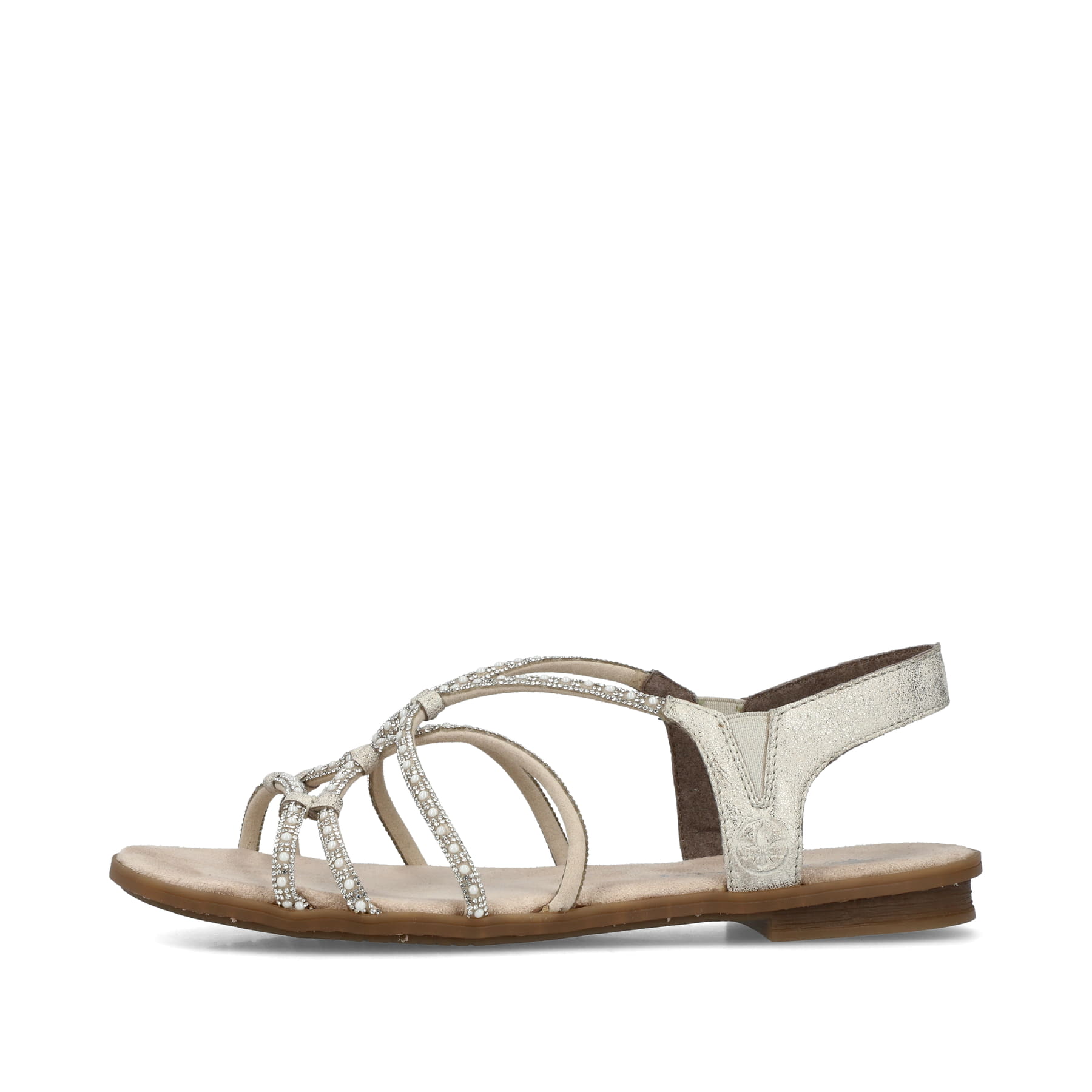 Beige Rieker Damen Riemchensandalen 64270-60 mit Strasssteinen sowie Gummizug. Schuh Außenseite.