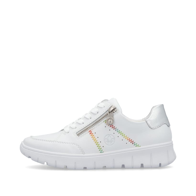 Weiße Rieker Damen Sneaker Low N1313-80 mit Reißverschluss sowie Extraweite H. Schuh Außenseite.