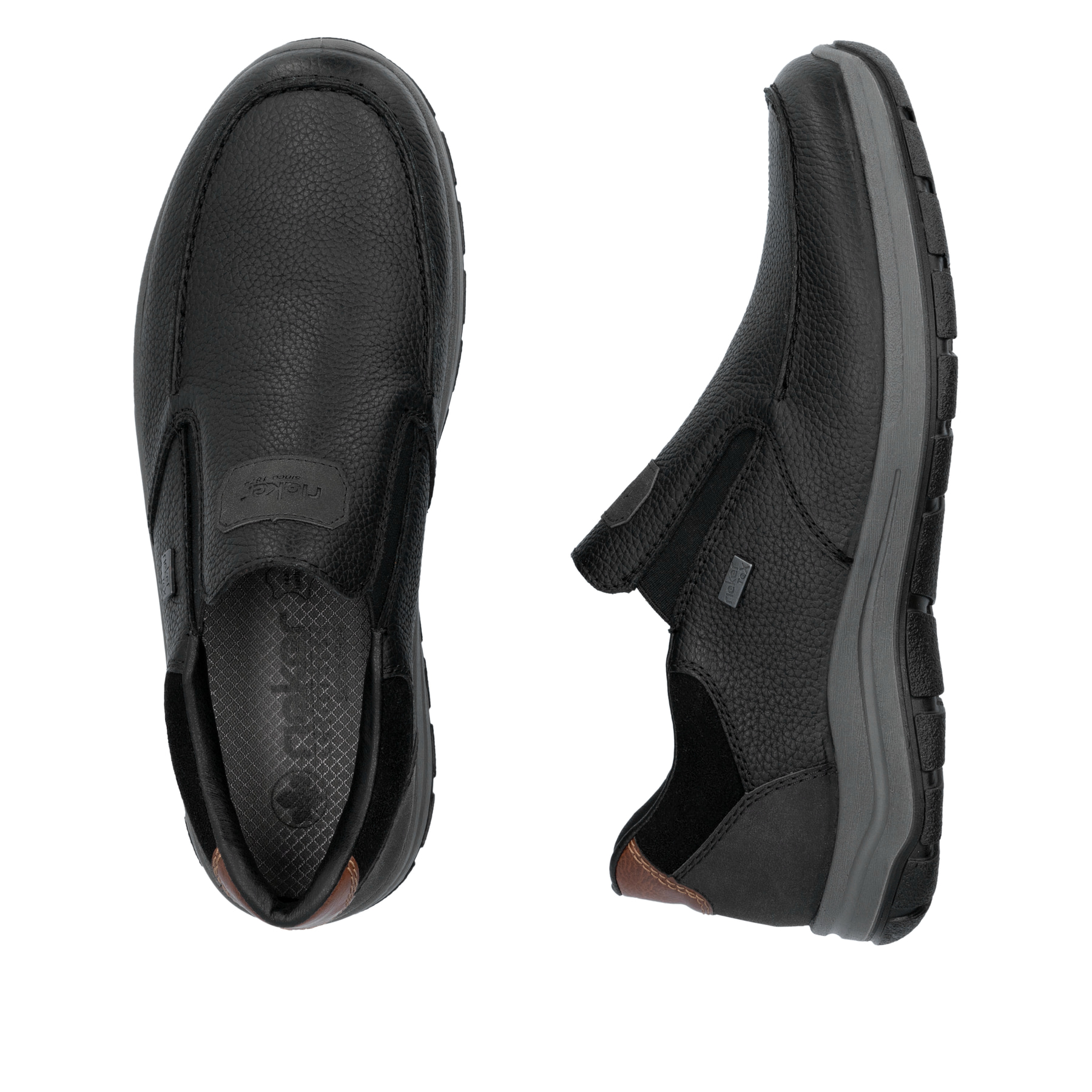 Schwarze Rieker Herren Slipper 03651-00 aus Glattleder. Schuh von oben, liegend.