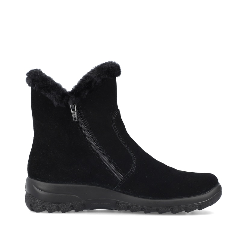 Tiefschwarze Rieker Damen Kurzstiefel L7162-00 mit einer schockabsorbierenden Sohle. Schuh von hinten