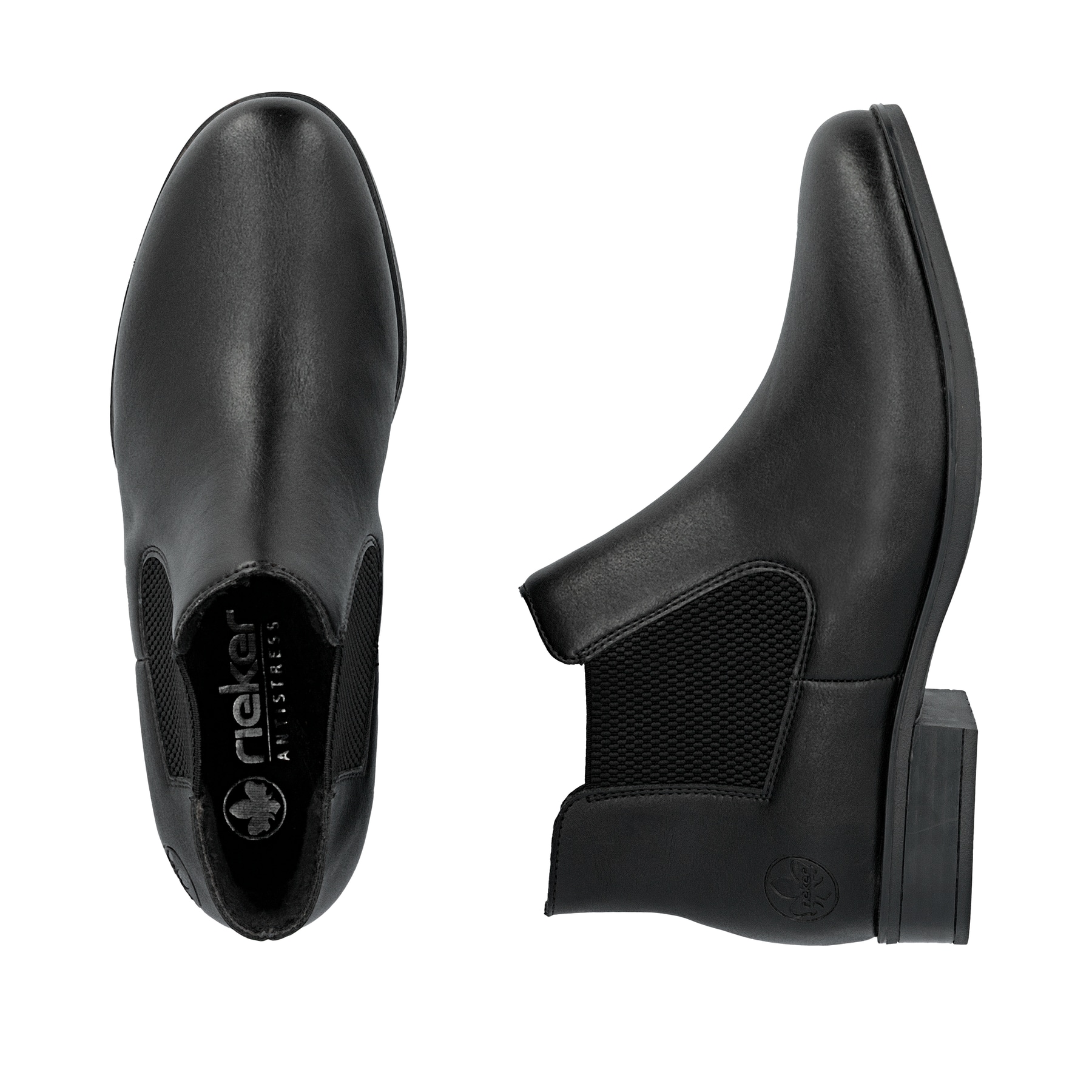 Schwarze Rieker Damen Chelsea Boots 77050-00 mit einem Gummizug. Schuh von oben, liegend.