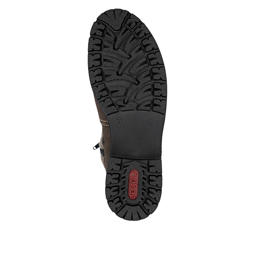 Dunkelbraune Rieker Damen Hochschaftstiefel Y9190-25 mit Filz-Kragen. Schuh Laufsohle.