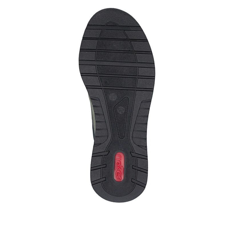 Khaki-schwarze Rieker Damen Slipper 53153-54 mit Gummizug sowie der Extraweite H. Schuh Laufsohle.