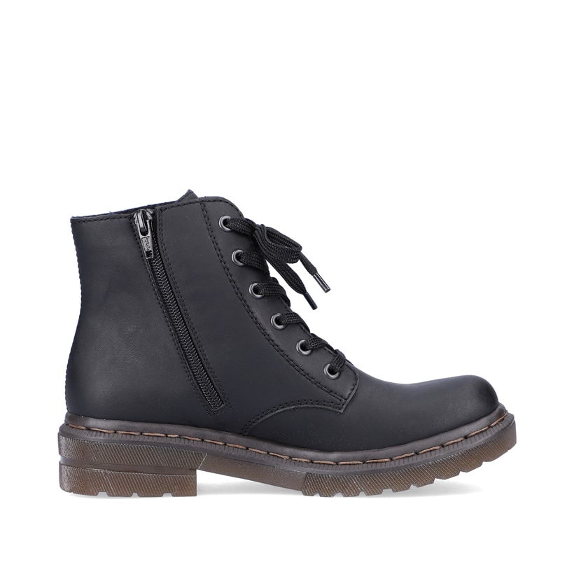 Tiefschwarze Rieker Damen Schnürstiefel 78240-00 mit Schnürung und Reißverschluss. Schuh von hinten