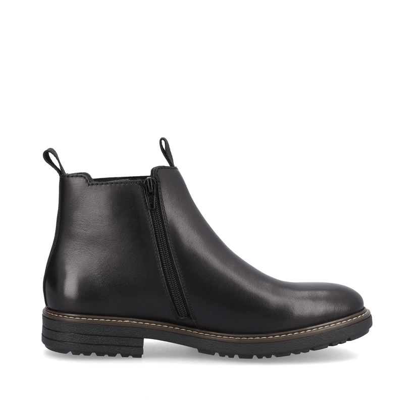 Stahlschwarze Rieker Herren Chelsea Boots 33180-00 mit einem Reißverschluss. Schuh von hinten.