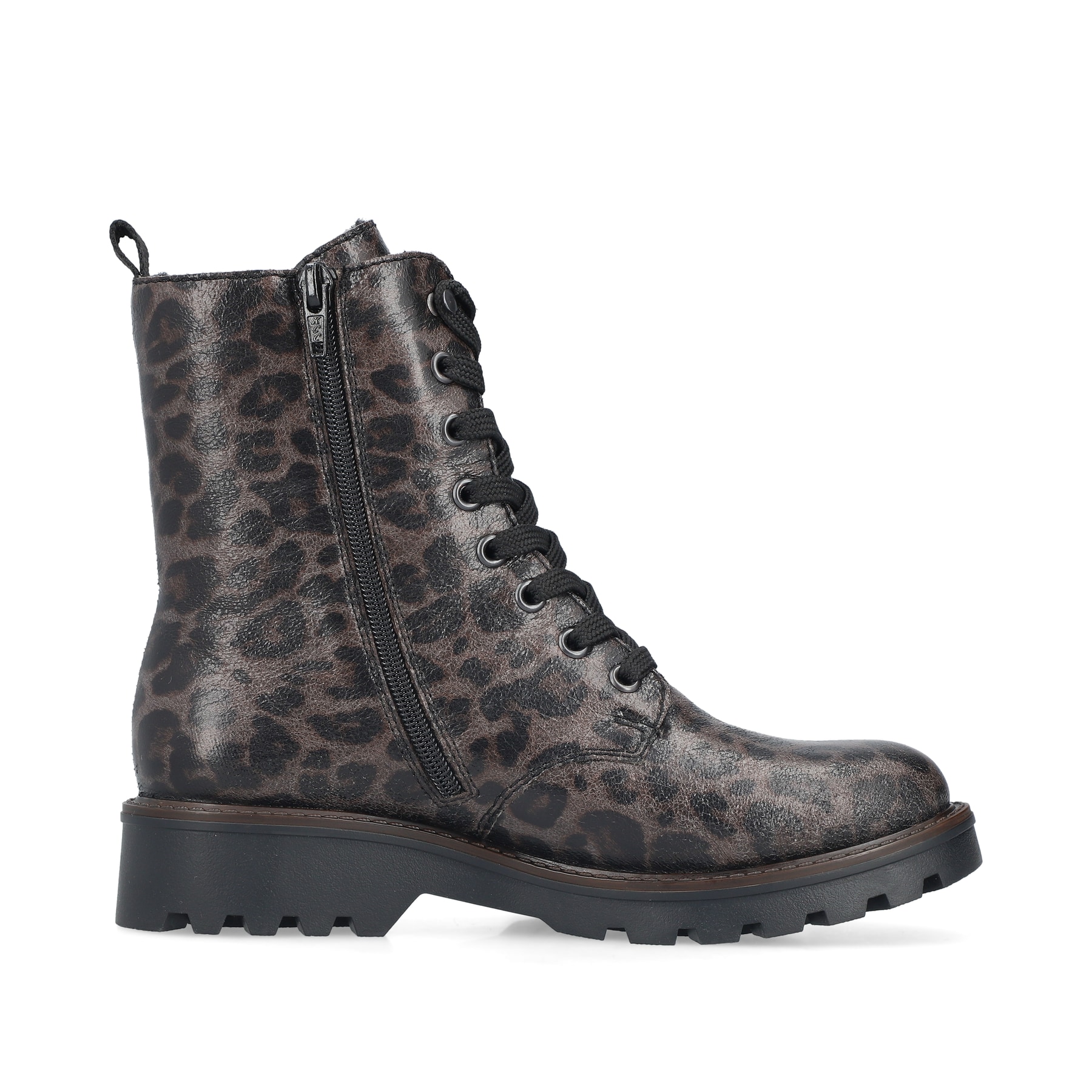 Graue vegane Rieker Damen Biker Boots 73210-42 mit Leo-Print. Schuh Innenseite.