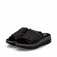 Schwarze Rieker Damen Pantoletten V2351-00 mit floralem Muster. Schuhpaar seitlich schräg.