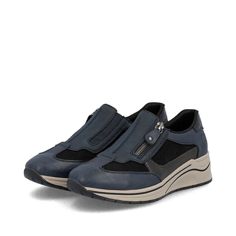 Mocassins Rieker bleus pour femme N9552-14 avec fermeture éclair. Chaussures inclinées sur le côté.