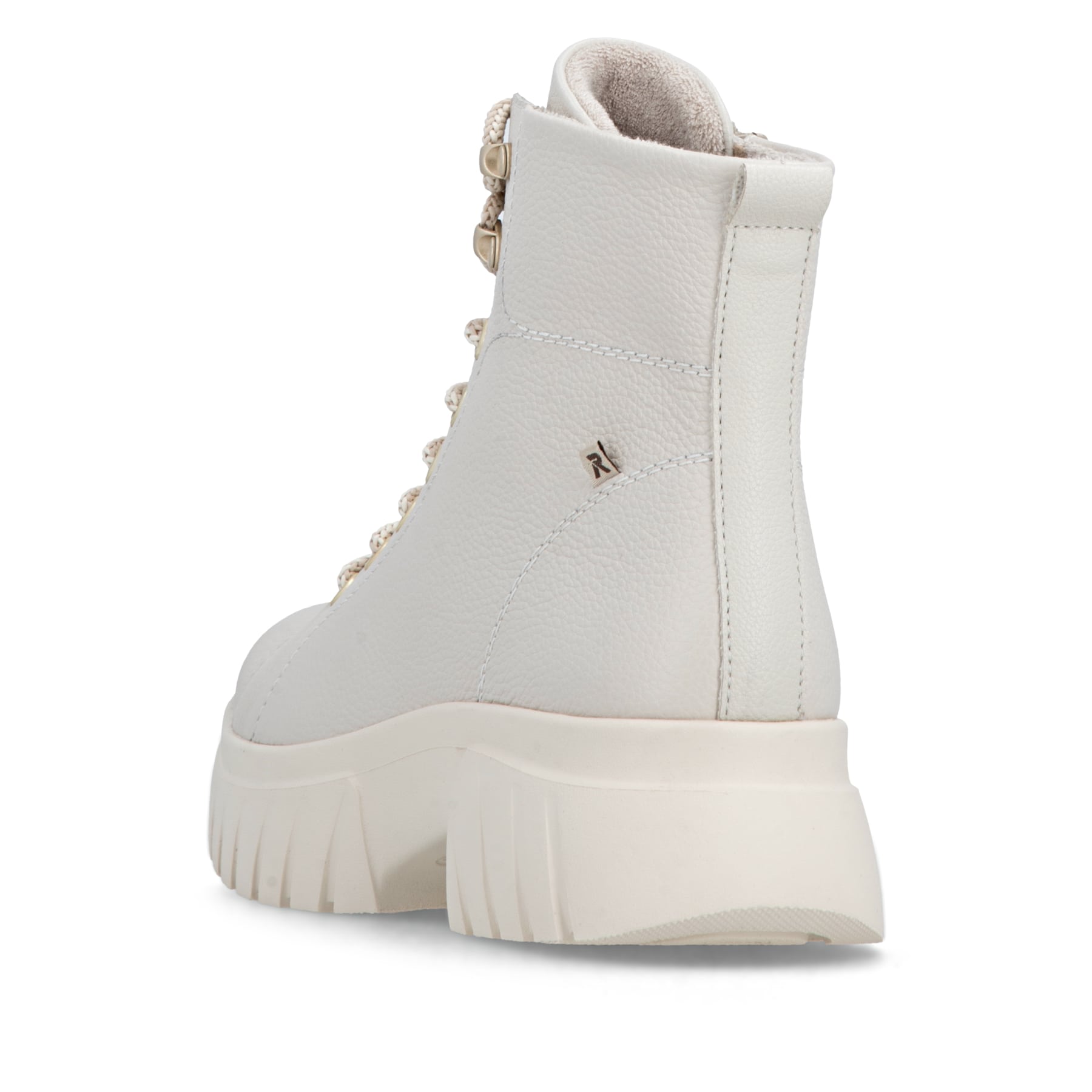 Weiße Rieker Damen Biker Boots W1877-80 aus Glattleder mit goldfarbenen Ösen. Schuh von hinten.