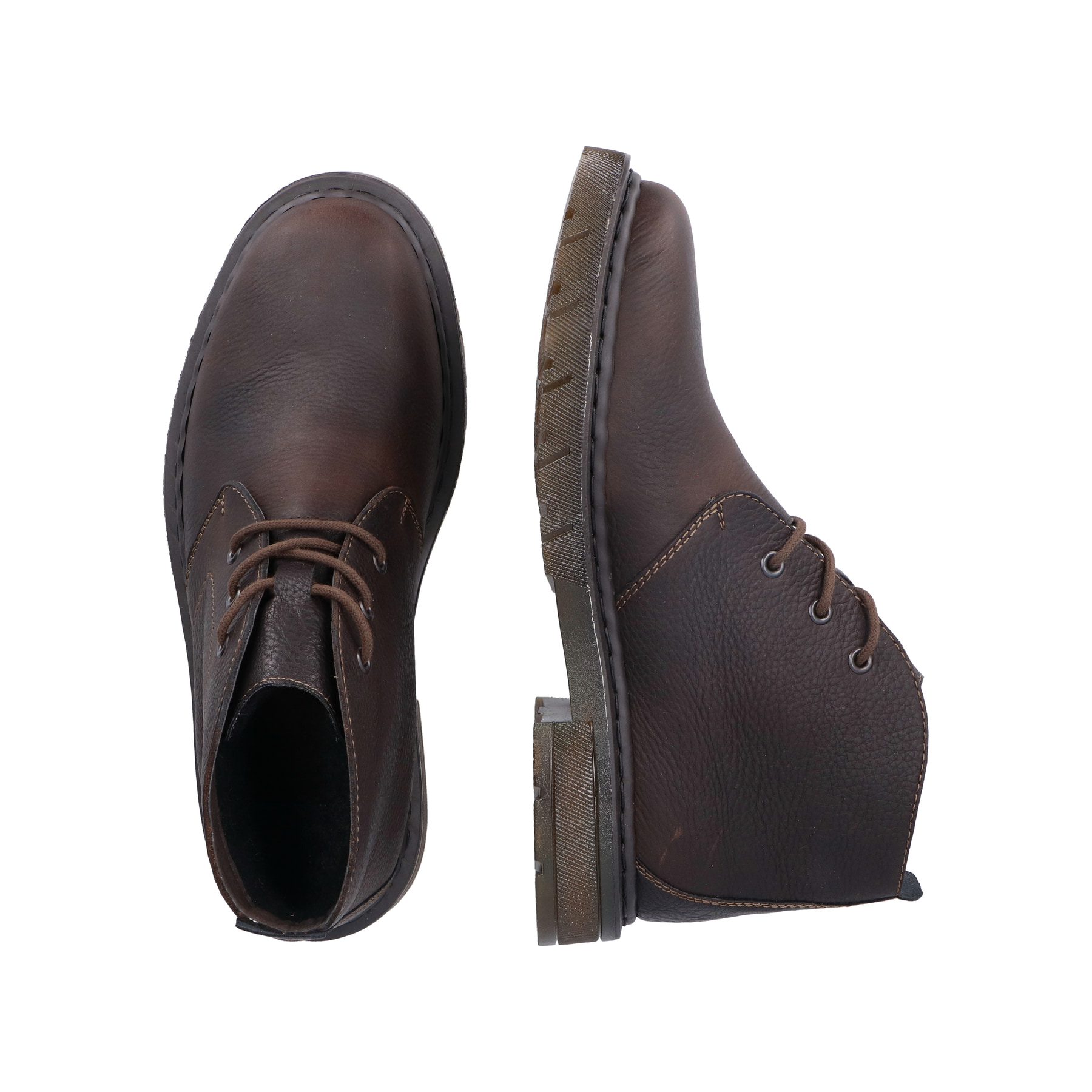 Dunkelbraune Rieker Herren Schnürstiefel 31640-25 mit einer Schnürung. Schuh von oben, liegend.